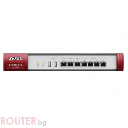 ZyXEL ZyWALL 110 Ultraspeed VPN Firewall, 100x VPN (IPSec/L2TP), 25 SSL, 6x 1Gbps (2x WAN, 4x LAN/DMZ), 1x OPT port, 2x USB port, No UTM