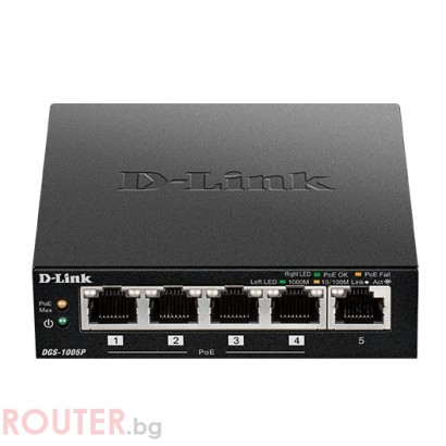 Мрежов суич D-LINK 5-Port Desktop Gigabit PoE+ Switch