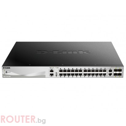 Мрежов суич D-LINK 24 x 10/100/1000BASE-T PoE ports (370W budget) Layer 3 Stackable Managed Gigabit Switch with 2 x 10GBASE-T ports and 4 x SFP+ ports 