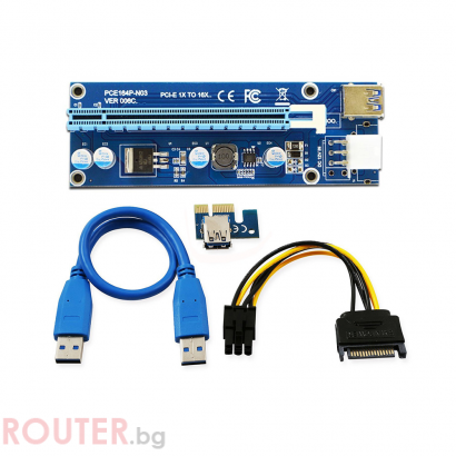 Удължител No Brand Riser Card VER006C, PCI-E 1X to 16X + USB 3.0 Кабел, СинУдължител No Brand Riser Card VER006C, PCI-E 1X to 16X + USB 3.0 Кабел, Син