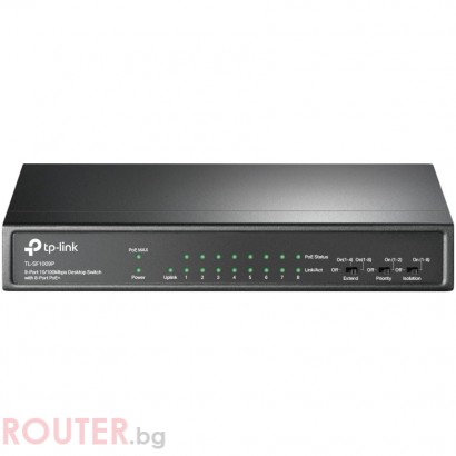 Мрежов суич TP-LINK 9-port 10/100Mbps unmanaged switch with 8 PoE+ ports, compliant with 802.3af/at PoE, 65W PoE budget, support 250m Extend Mode, Priority mode and Isolation mode, desktop mount, plug and play.