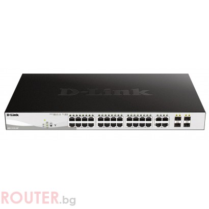 Суич D-Link DGS-1210-24P/E, 24 PoE 10/100/1000 Base-T port with 4 x 1000Base-T /SFP ports, Управляем, Монтаж в шкаф