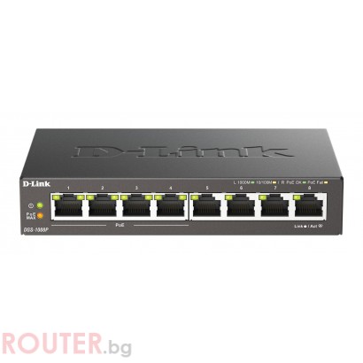 Суич D-Link DGS-1008P, 8 портов PoE, 10/100/1000, Gigabit